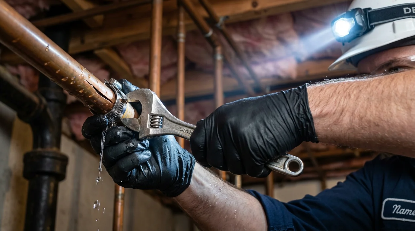 Emergency pipe clamp repair being performed by a Johns Plumbing LLC plumber in Shannon