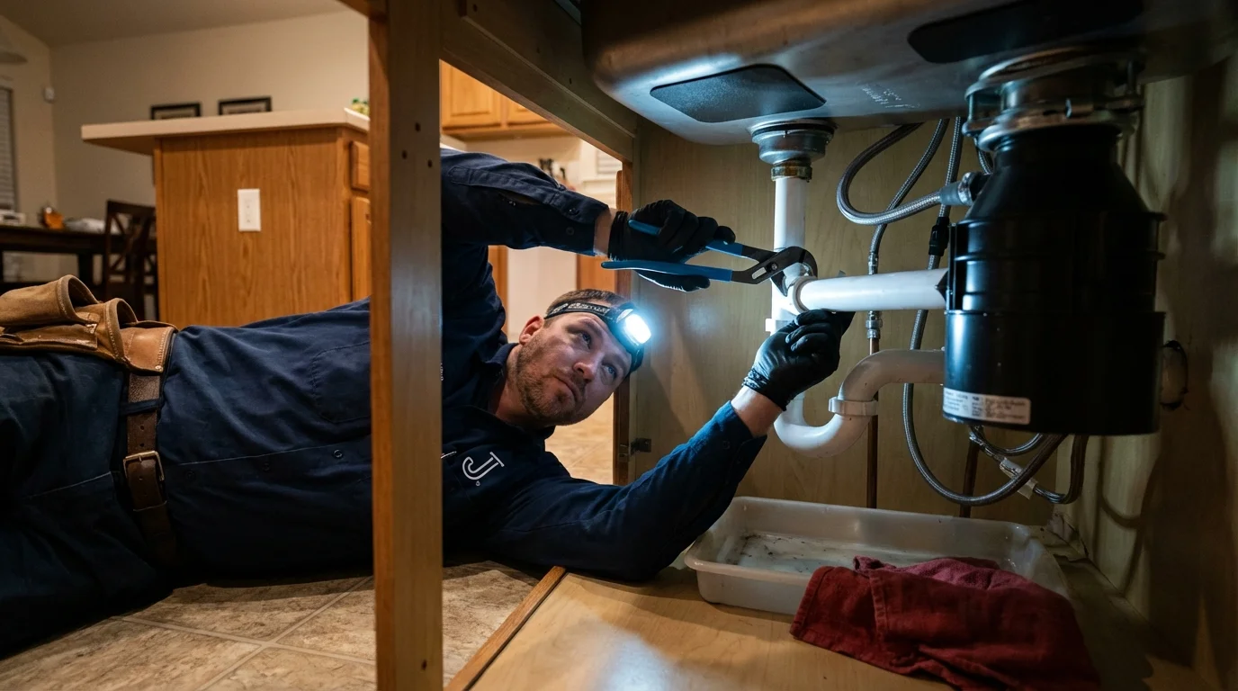 P-trap and supply line connections under a kitchen sink showing a common leak point in Shannon, MS